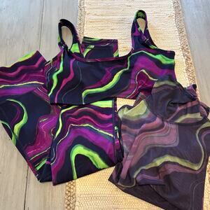 Fabletics Purple Green Haze Wave Rivka Bra Felicity Mesh Powerhold Legging 1X
